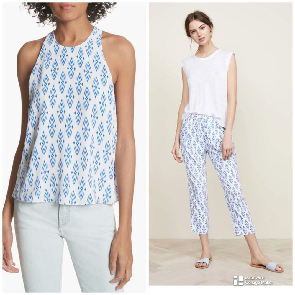 Joie Brighton E Sleeveless Top and Dilys Ikat Cropped Pants Silk Set Baja Blue